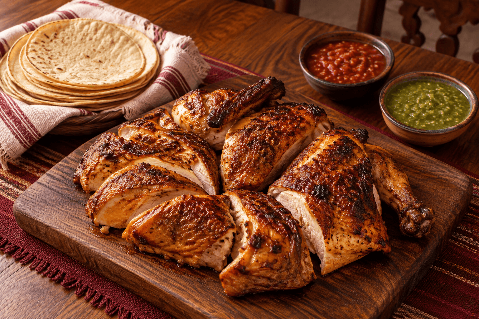 Pollo asado servido para compartir con tortillas y salsas