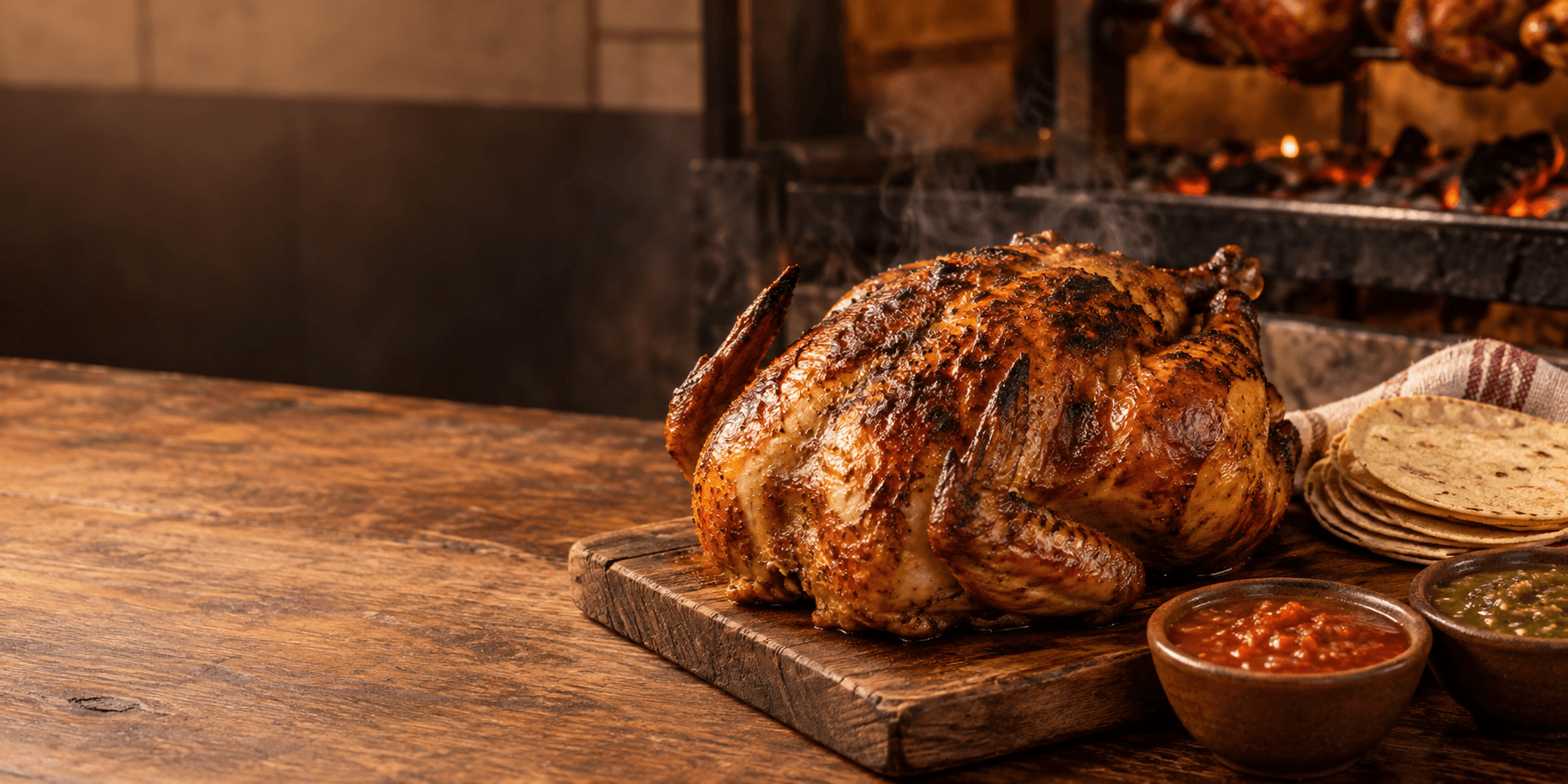 Pollo asado dorado sobre una tabla con tortillas y salsas